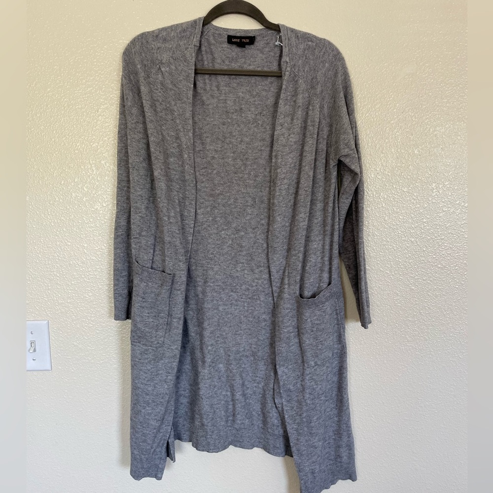 Love Tree Grey Long Cardigan with Pockets + Slit (Size Large)